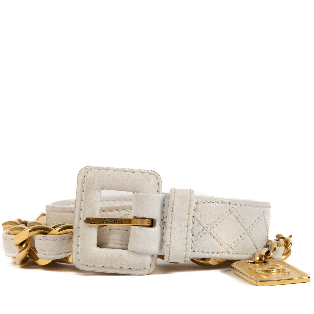 Chanel Vintage White Leather CC Charm Chain Belt