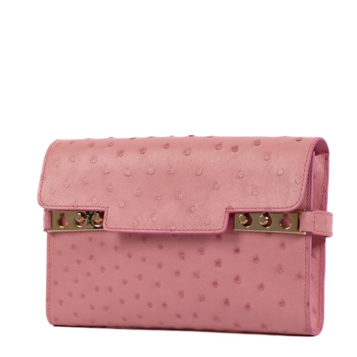 Delvaux Flamingo Ostrich Tempête Pochette Wallet On Chain