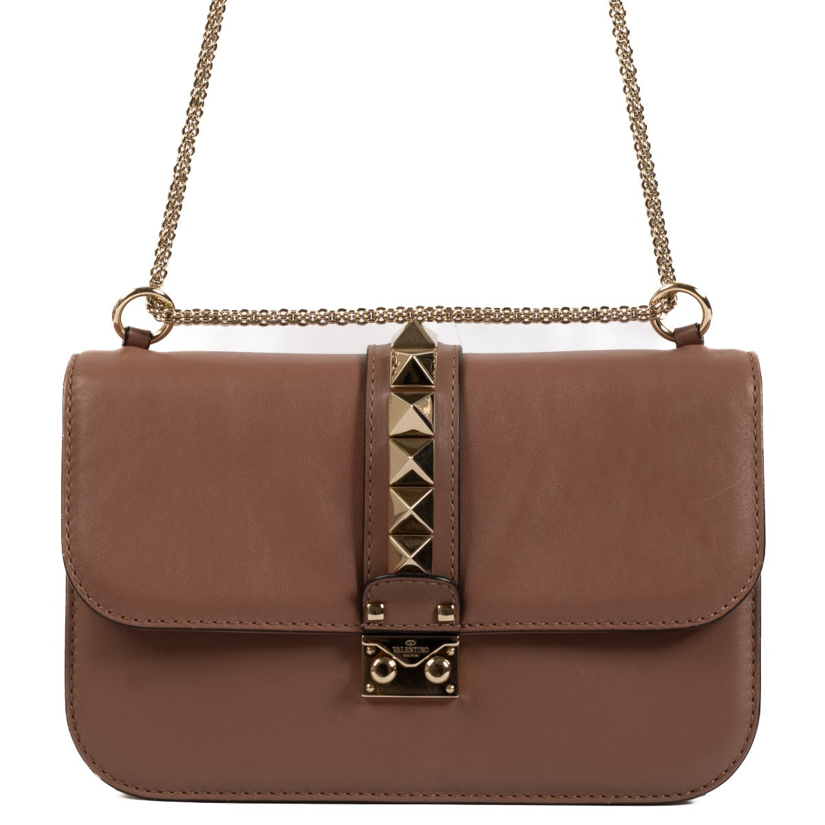 Valentino Garavani Brown Leather Glam Lock Medium Crossbody Bag