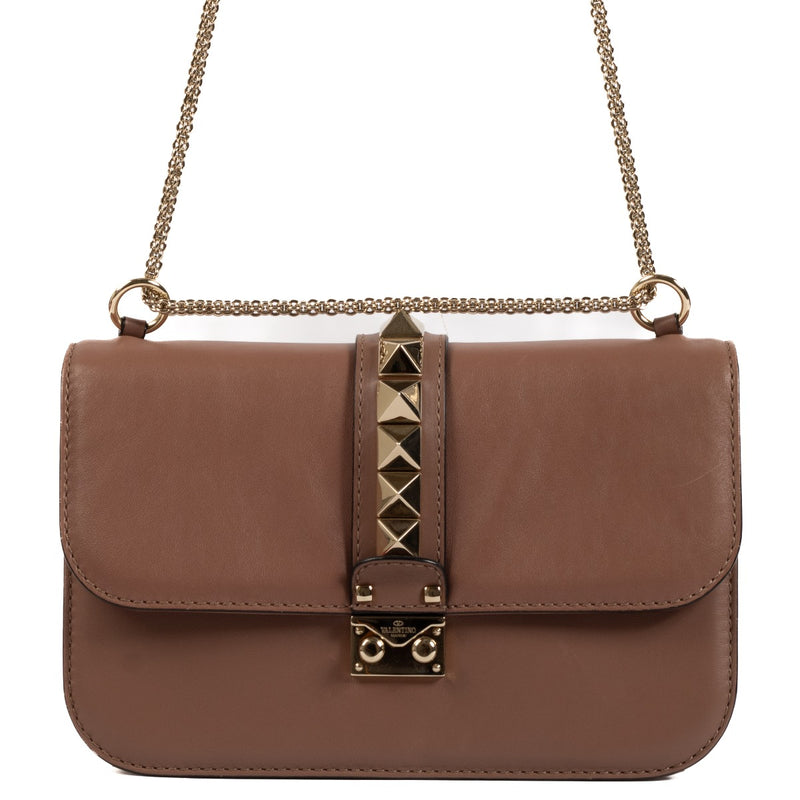 Valentino Garavani Brown Leather Glam Lock Medium Crossbody Bag