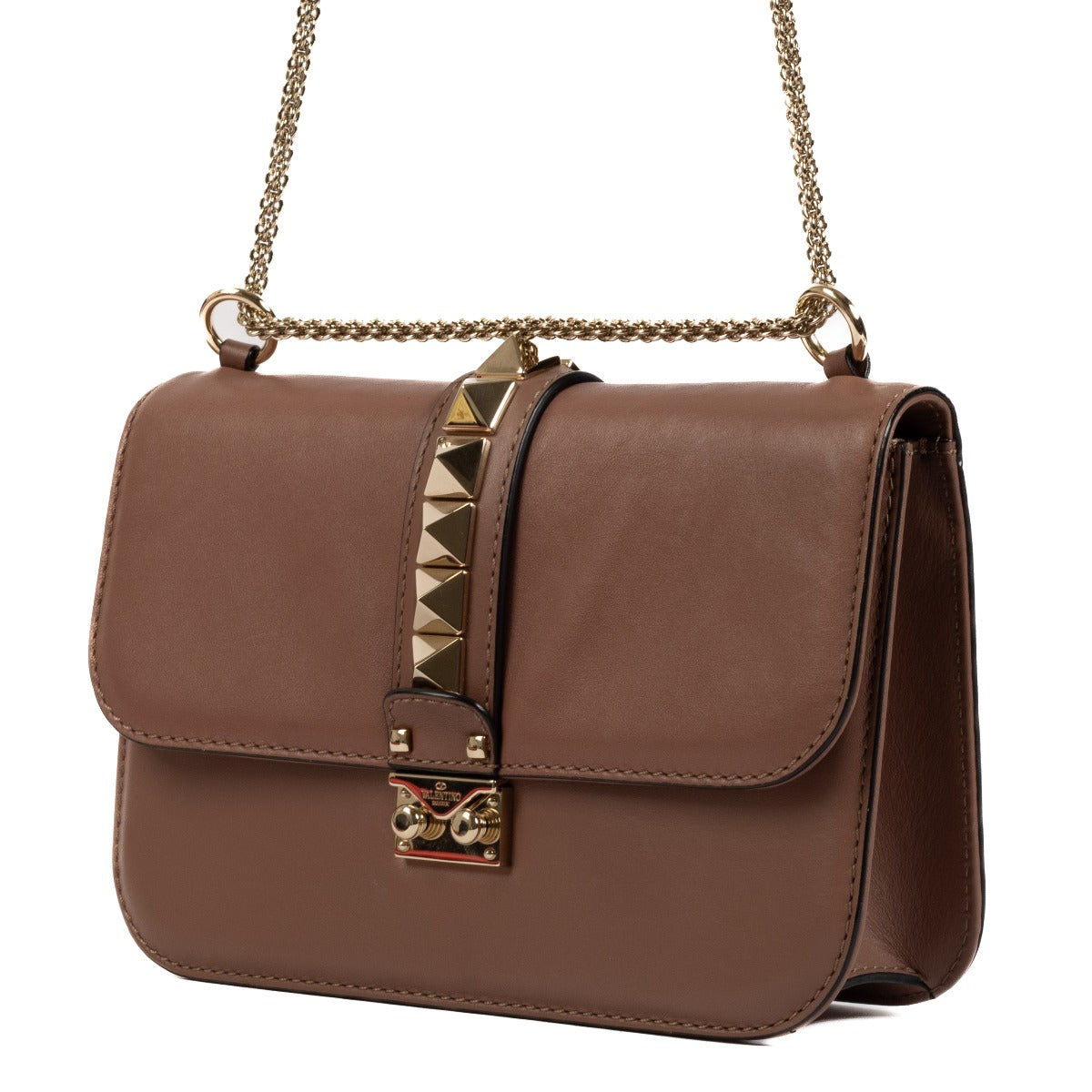 Valentino Garavani Brown Leather Glam Lock Medium Crossbody Bag