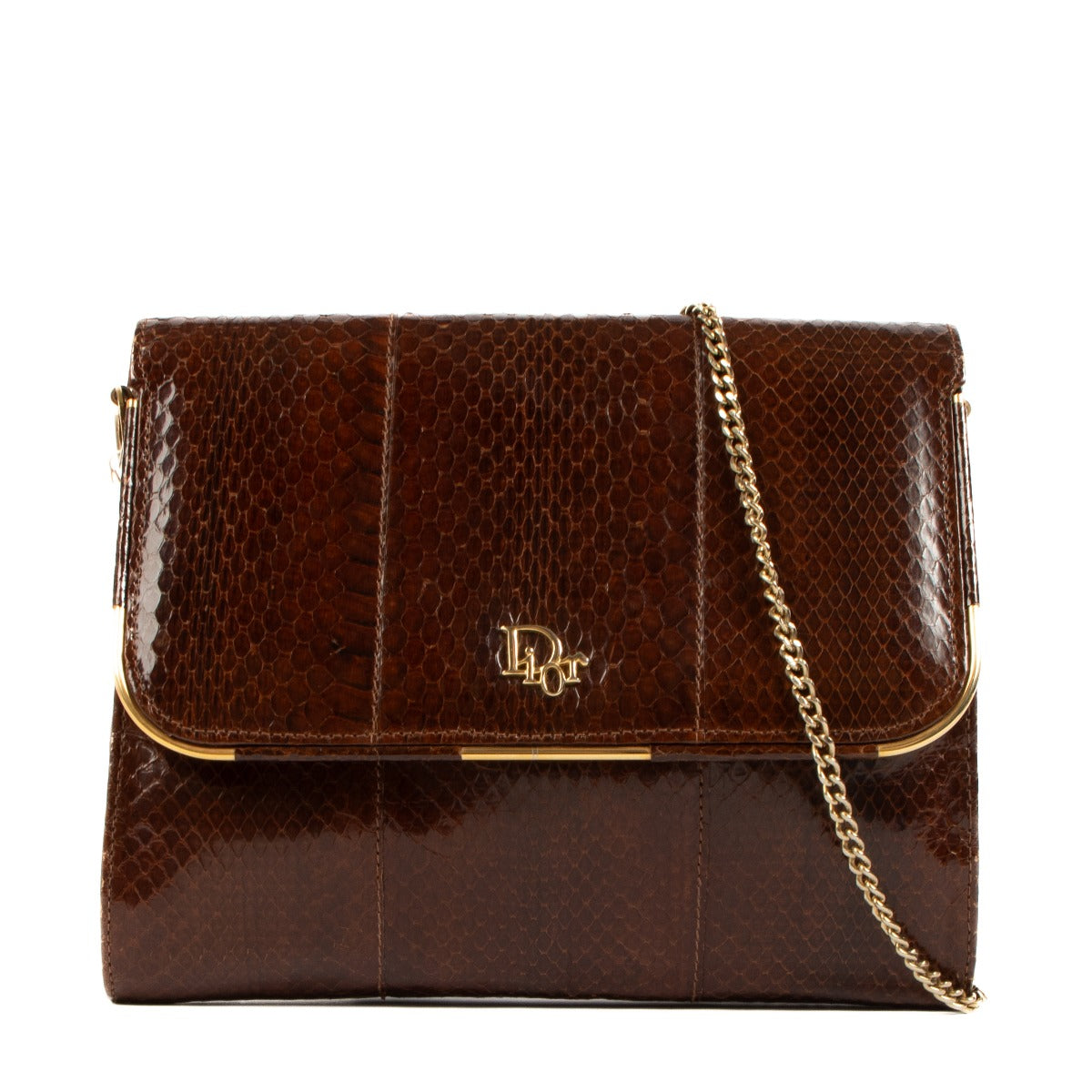 Christian Dior Vintage Brown Snakeskin Chain Clutch