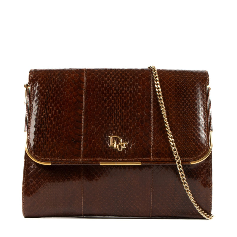Christian Dior Vintage Brown Snakeskin Chain Clutch