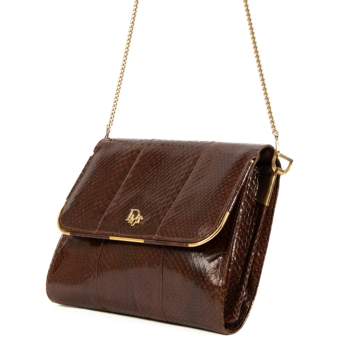 Christian Dior Vintage Brown Snakeskin Chain Clutch