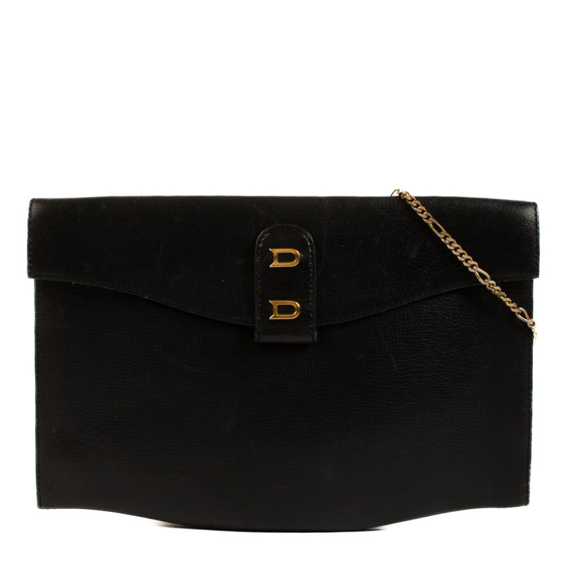 Delvaux Vintage Black Leather Clutch with Chain