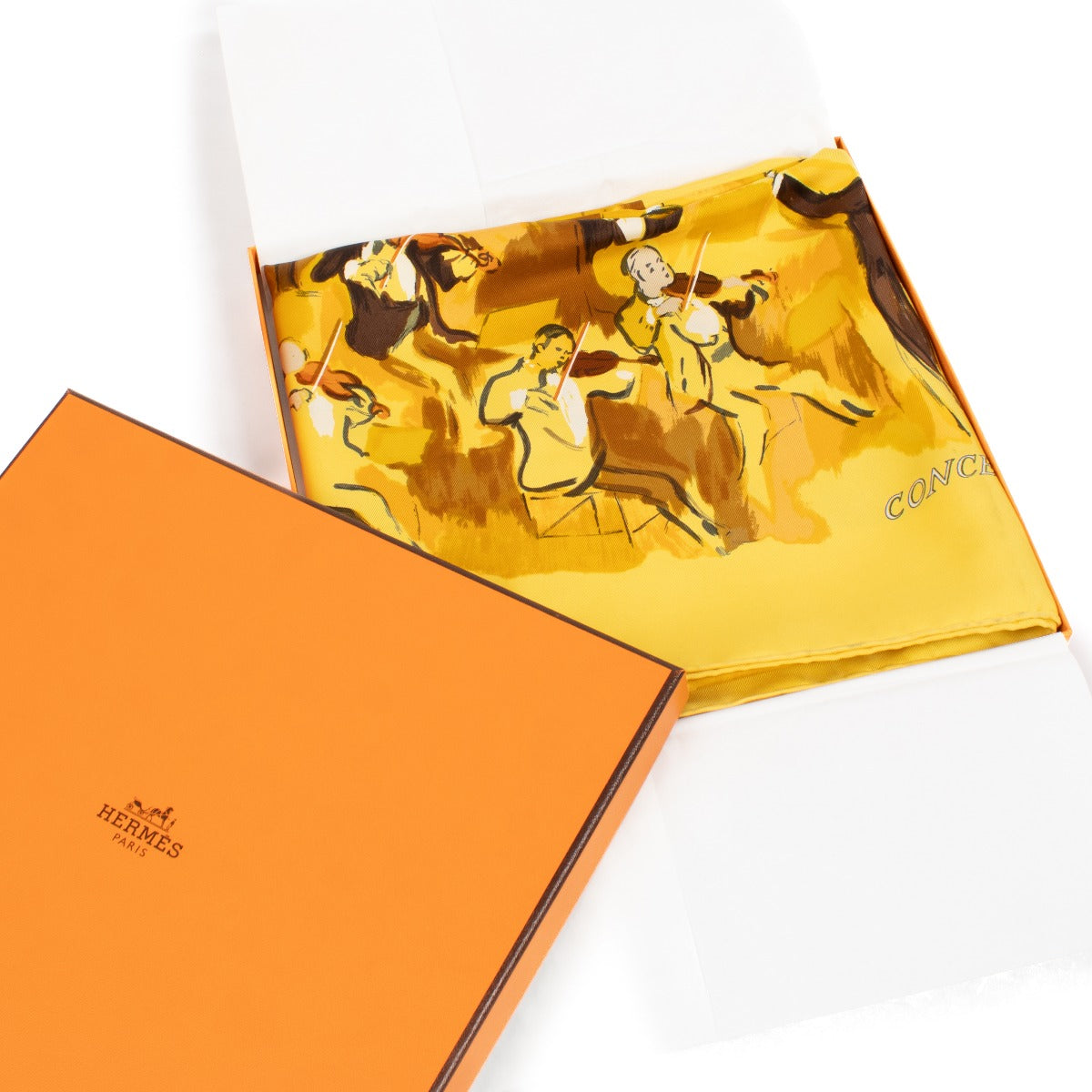 Buy 100% authentic second hand Hermès Yellow Concerto Scarf By Jean-Louis Clerc on Labellov.com