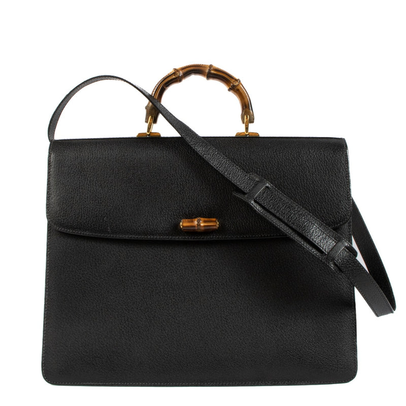 Gucci Vintage Black Leather Bamboo Briefcase