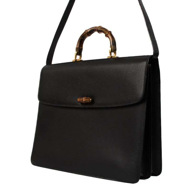 Gucci Vintage Black Leather Bamboo Briefcase