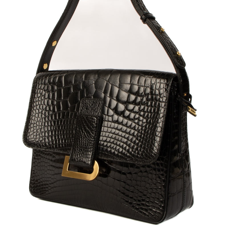 Shop safe online at Labellov in Antwerp, Brussels and Knokke this 100% authentic second hand Delvaux Black Crocodile Leather Poirier Shoulder Bag