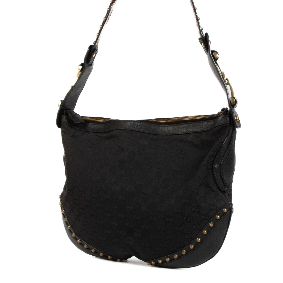 shop 100% authentic second hand Gucci Black GG Canvas Studded Pelham Small Hobo Bag on Labellov.com
