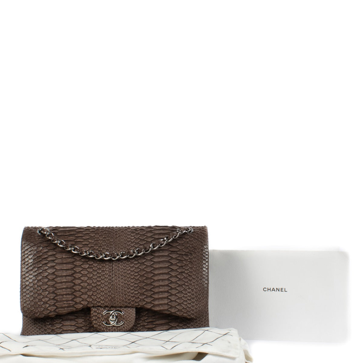 Shop authentic second hand vintage designer luxury Chanel Taupe Python Large Classic Flap Bag