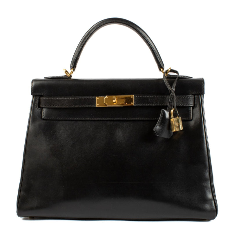 Authentic 2000s vintage second hand luxury designer Hermès Kelly 32 Black Box GHW on www.labellov.com