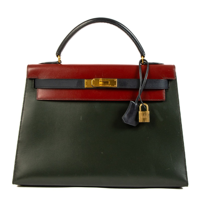 Hermès 1992 Kelly 32 Tricolor Rouge Vif/Vert Foncé/Bleu Indigo Box