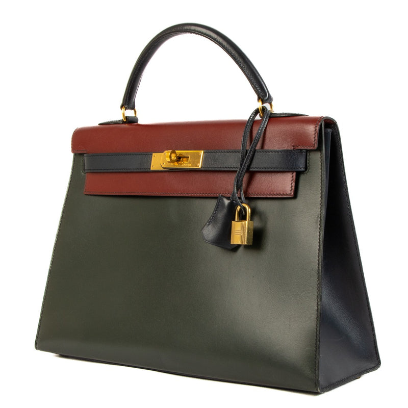 Hermès 1992 Kelly 32 Tricolor Rouge Vif/Vert Foncé/Bleu Indigo Box