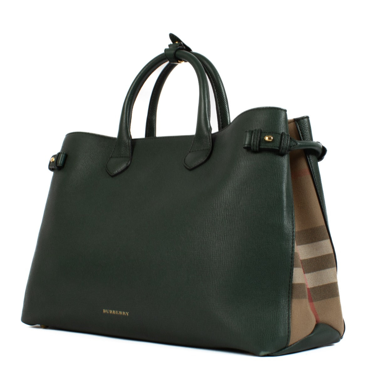 Shop safe online at Labellov in Antwerp, Brussels and Knokke this 100% authentic second hand Burberry Green Leather Check Medium Banner Shoulder Bag