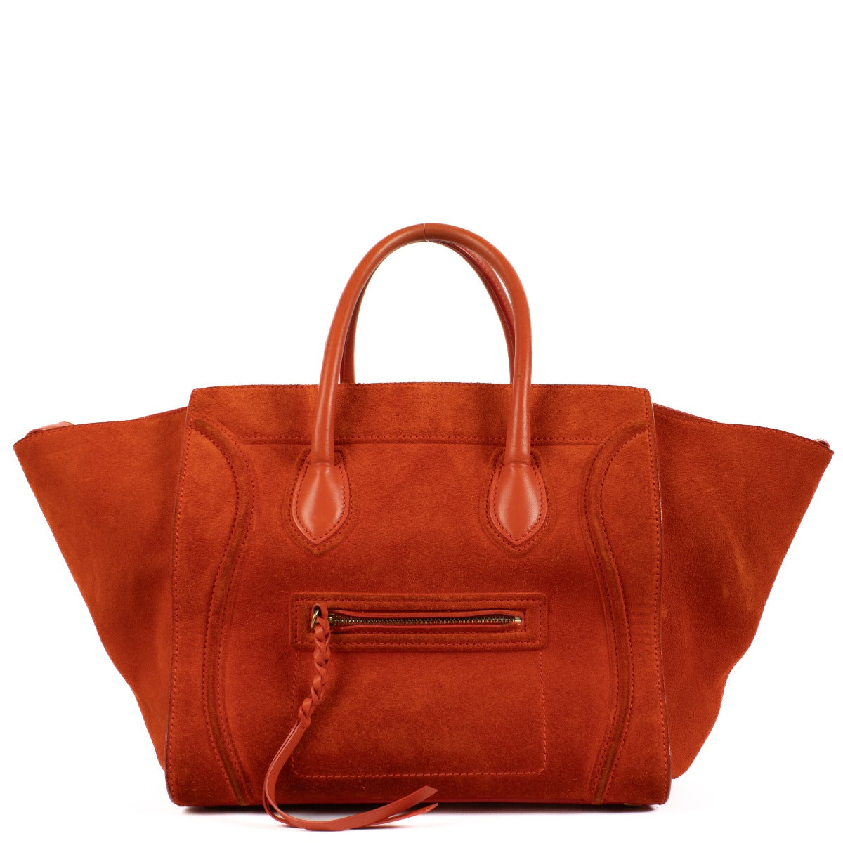 Shop safe online at Labellov in Antwerp, Brussels and Knokke this 100% authentic second hand Celine Orange Suede Luggage Phantom Medium Bag