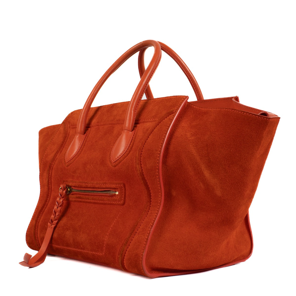 Shop safe online at Labellov in Antwerp, Brussels and Knokke this 100% authentic second hand Celine Orange Suede Luggage Phantom Medium Bag