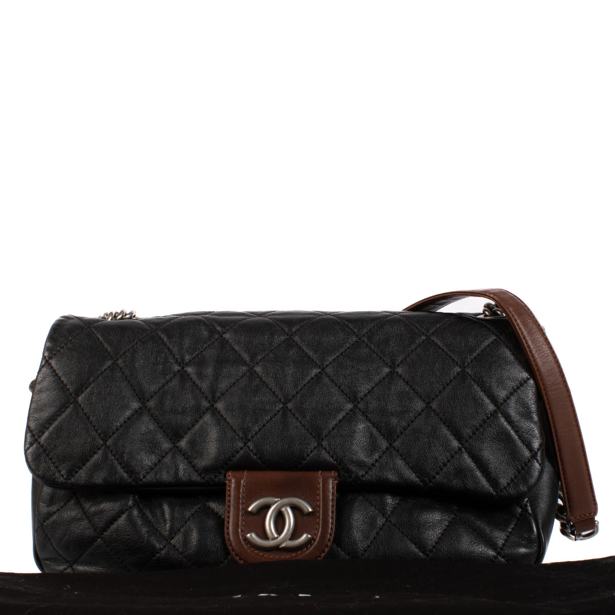 Chanel Bicolor Zwart en Bruin Kalfsleer Flap Tas