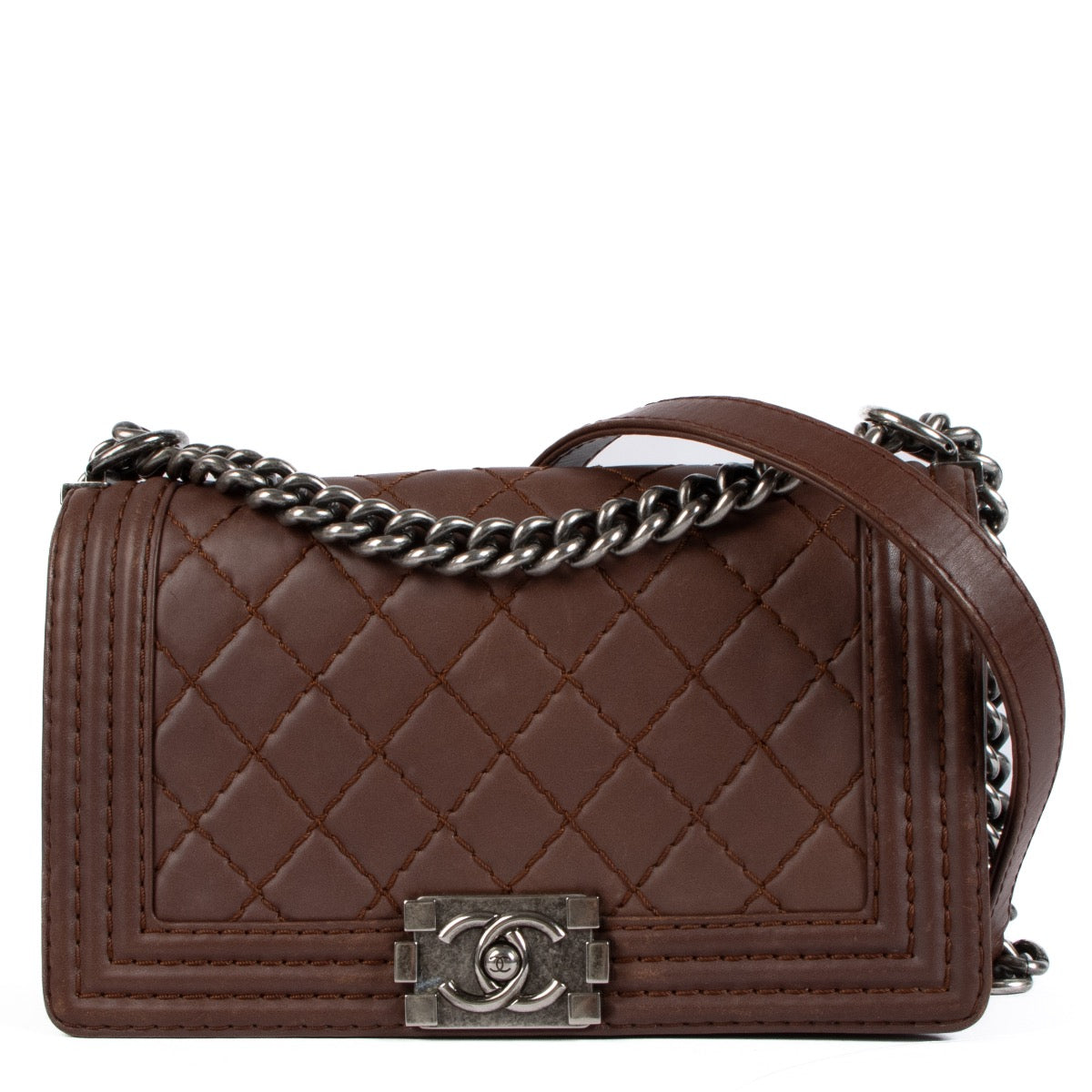 Authentic vintage Chanel Chestnut Calfskin Wild Stitch Medium Boy Bag on www.labellov.com