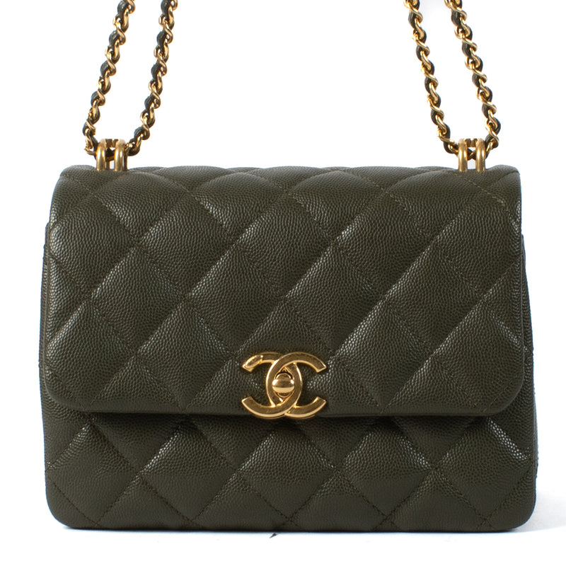 Chanel 22K Khaki Caviar Leather Coco First Flap Bag