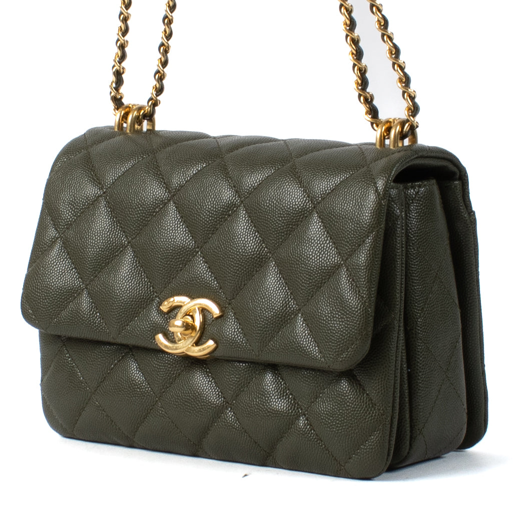 Chanel 22K Khaki Caviar Leather Coco First Flap Bag