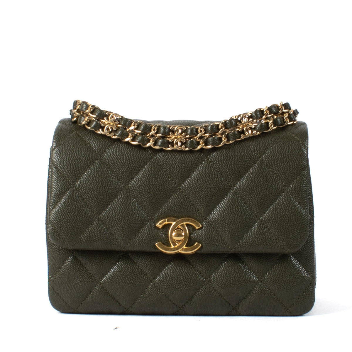 Chanel 22K Khaki Caviar Leather Coco First Flap Bag