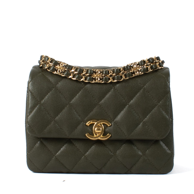 Chanel 22K Khaki Caviar Leather Coco First Flap Bag