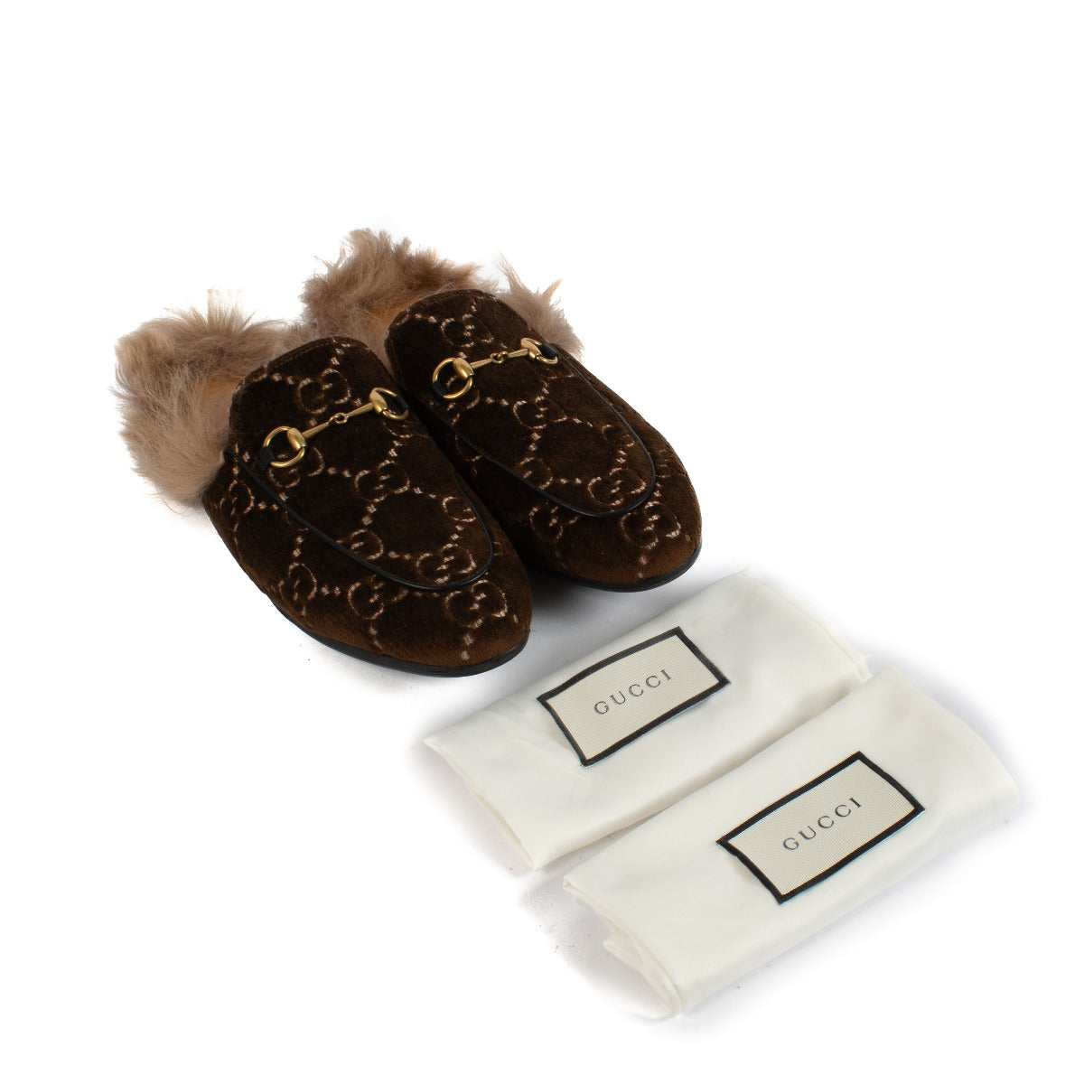 Shop safe online at Labellov in Antwerp, Brussels and Knokke this 100% authentic second hand Gucci Brown Velvet Princetown GG Mule Flats - Size 42