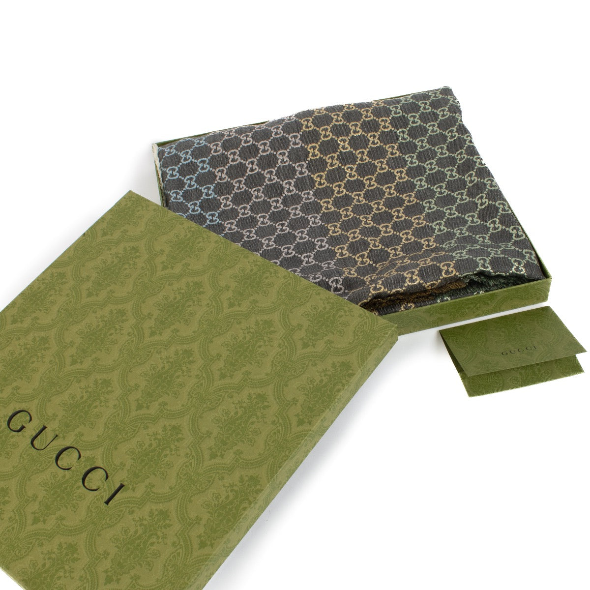 Shop 100% authentic Gucci Grey Multicolor Monogram Scarf at Labellov.com.