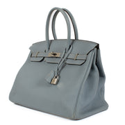 Authentic second hand Hermès Birkin 35 Bleu Lin Taurillon Clemence PHW on www.labellov.com