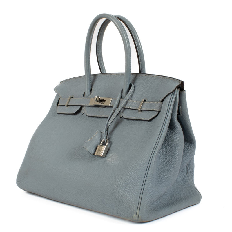 Authentic second hand Hermès Birkin 35 Bleu Lin Taurillon Clemence PHW on www.labellov.com