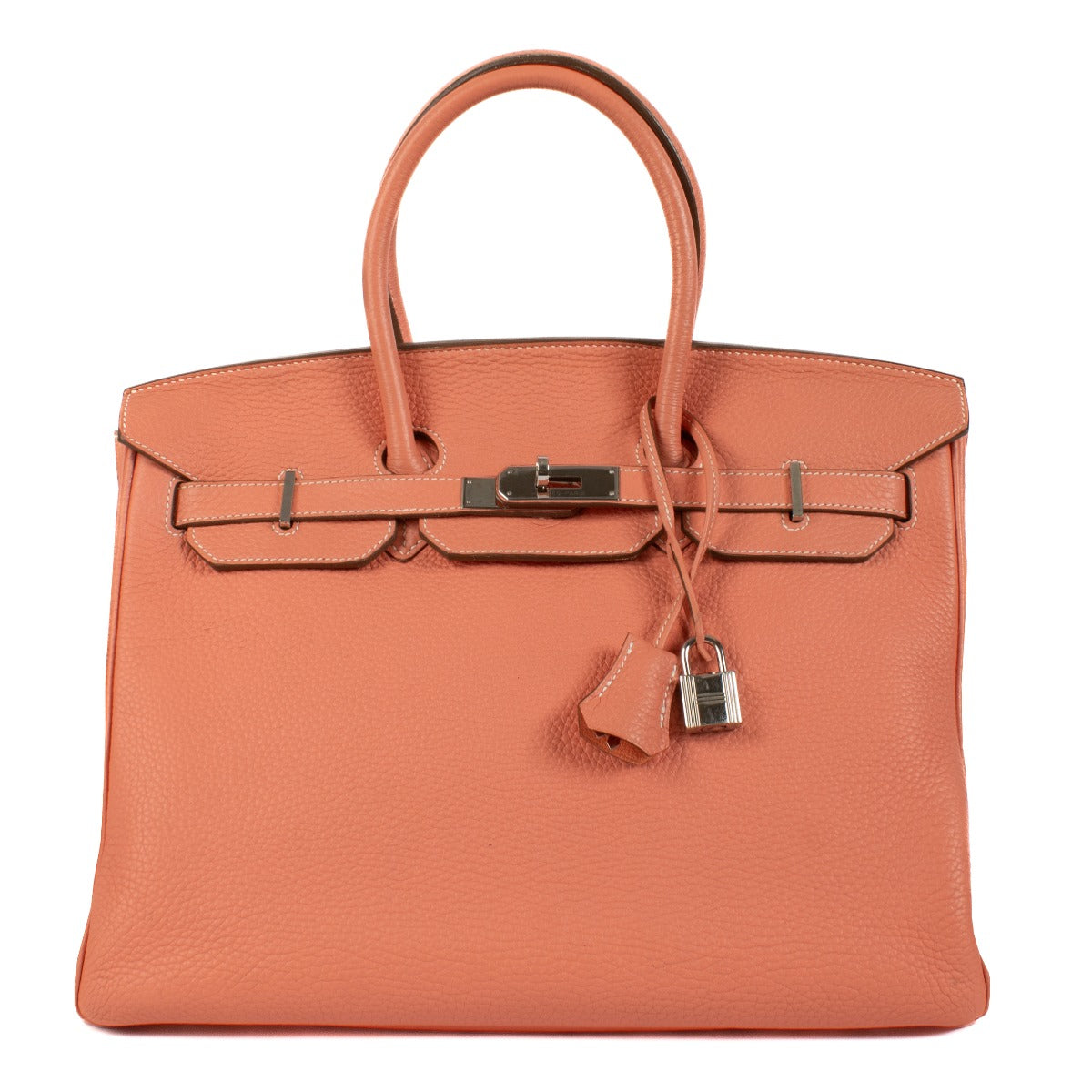 Authentic second hand vintage designer luxury Hermès Birkin 35 Rose Crevette Taurillon Clemence PHW on www.labellov.com