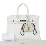 shop 100% authentic second hand Hermès HSS Birkin 35 White Taurillon Clemence Leather & Biscuit Interior PHW on Labellov.com