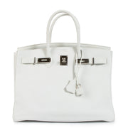 shop 100% authentic second hand Hermès HSS Birkin 35 White Taurillon Clemence Leather & Biscuit Interior PHW on Labellov.com