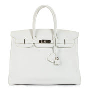 shop 100% authentic second hand Hermès HSS Birkin 35 White Taurillon Clemence Leather & Biscuit Interior PHW on Labellov.com