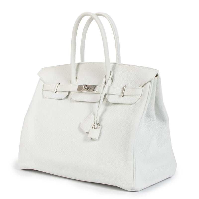 shop 100% authentic second hand Hermès HSS Birkin 35 White Taurillon Clemence Leather & Biscuit Interior PHW on Labellov.com