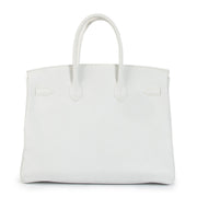 shop 100% authentic second hand Hermès HSS Birkin 35 White Taurillon Clemence Leather & Biscuit Interior PHW on Labellov.com