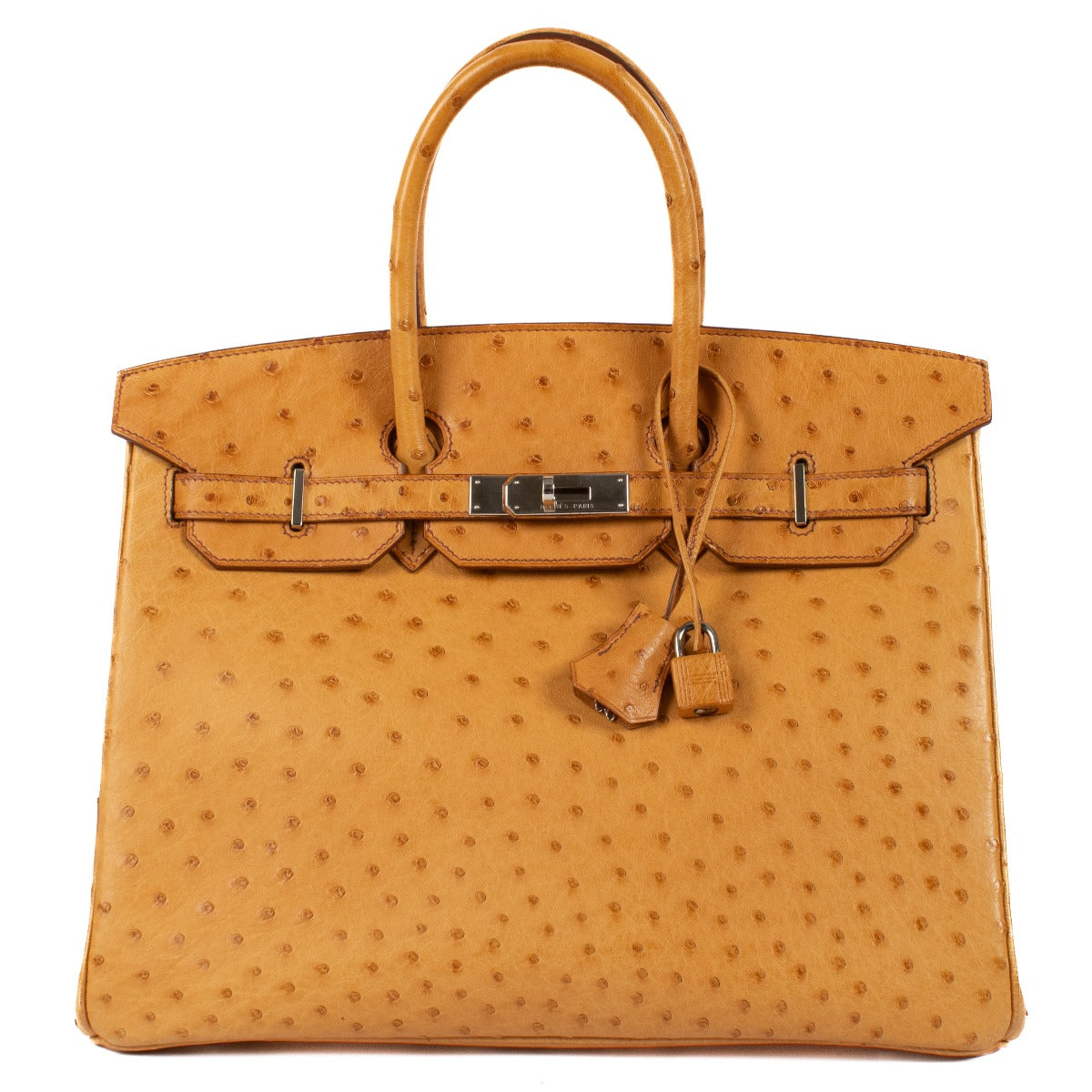 Authentic second hand vintage luxury designer Hermès 2005 Birkin 35 Saffron Ostrich on www.labellov.com
