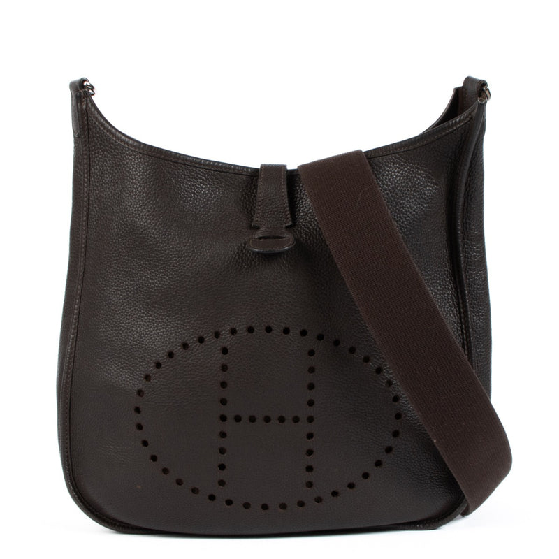 Shop authentic second hand vintage designer Hermès 2008 Evelyn 33 Chocolat Taurillon Clemence on www.labellov.com