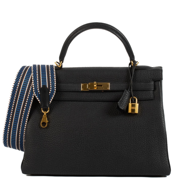 Authentic second hand Hermès Kelly 32 Black Taurillon Clemence Gold Hardware on www.labellov.com