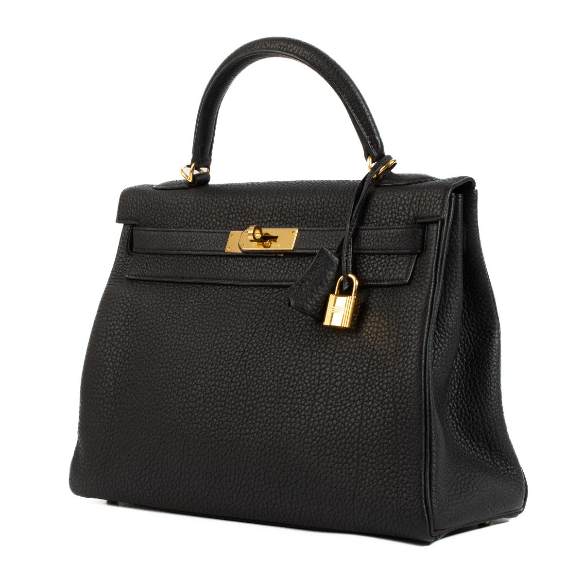 Authentic second hand Hermès Kelly 32 Black Taurillon Clemence Gold Hardware on www.labellov.com