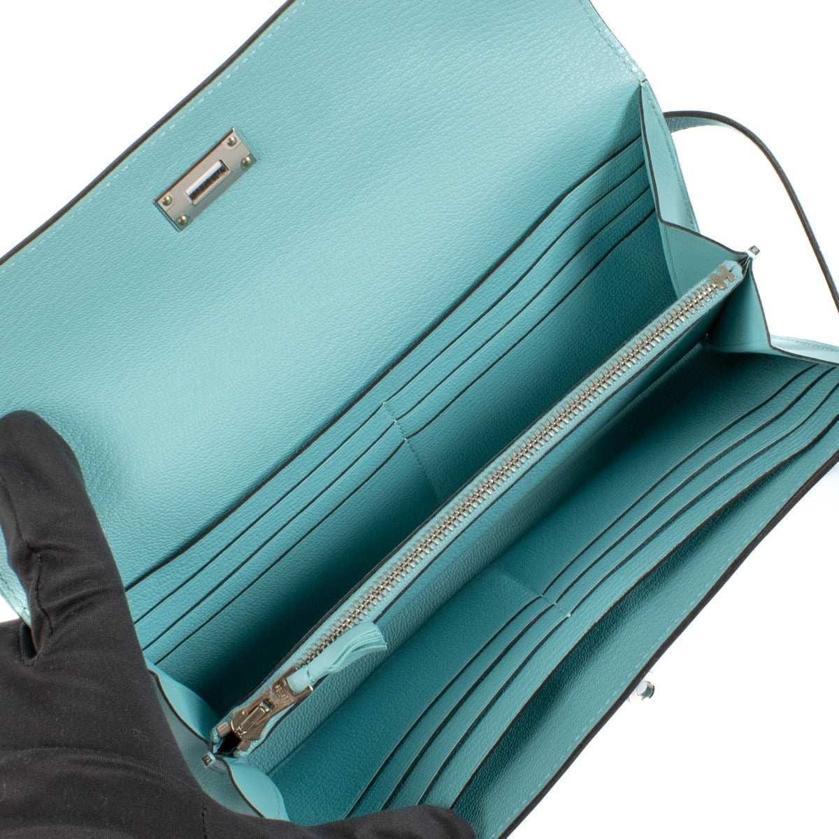 Hermès Kelly Classique Ghillies Portemonnee Bleu Atoll Swift PHW
