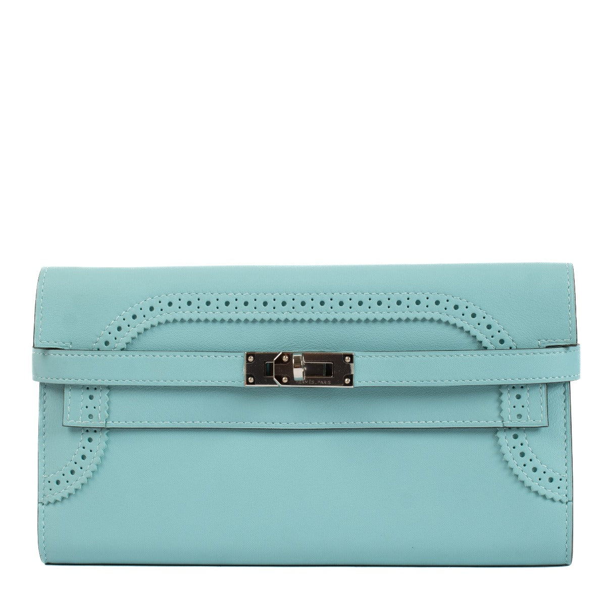 Authentic second hand brand new Hermès Kelly Classique Ghillies Wallet Blue Atoll Swift PHW