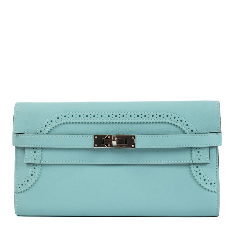 Authentic second hand brand new Hermès Kelly Classique Ghillies Wallet Blue Atoll Swift PHW