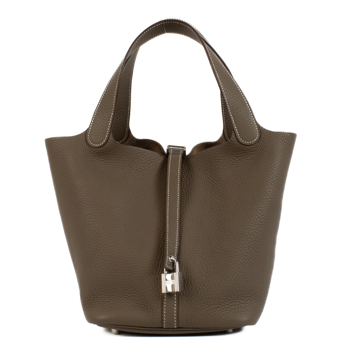 Shop safe online at Labellov in Antwerp, Brussels and Knokke this 100% authentic second hand Hermès Etoupe Clémence Leather Picotin Lock 18 MM Hand Bag