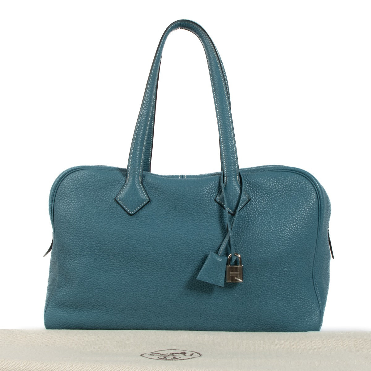 Shop authentic second hand Hermès Victoria 35 Blue Jean Clemance Taurillon Palladium Hardware on Labellov.com