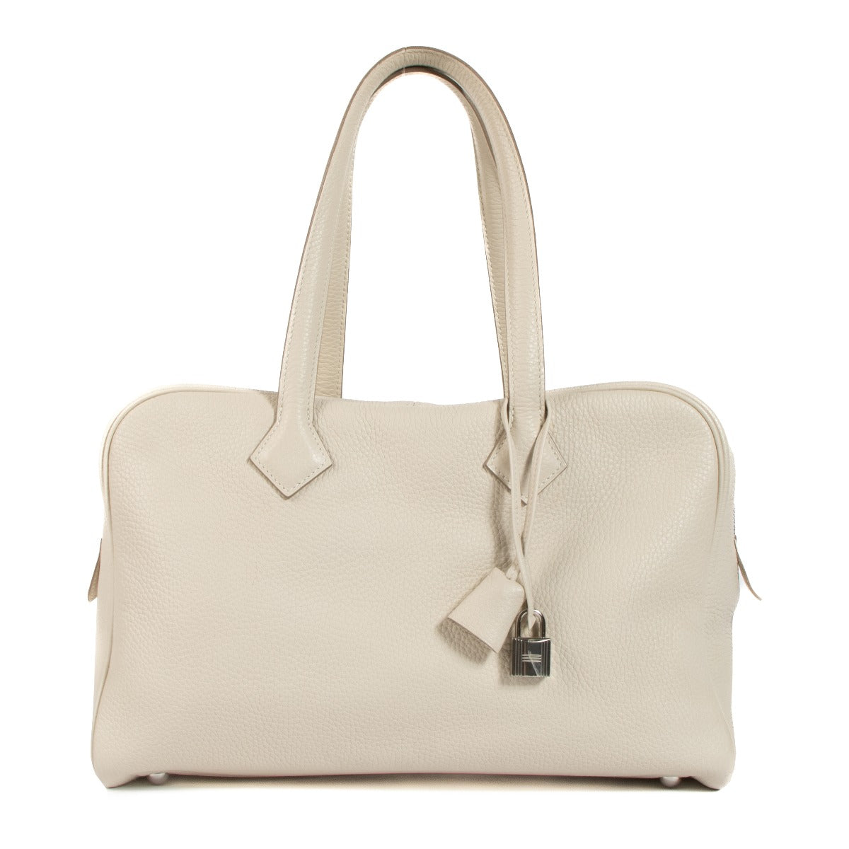 Shop authentic second hand Hermès Victoria 35 Craie Taurillon Clemence Palladium Hardware on Labellov.com