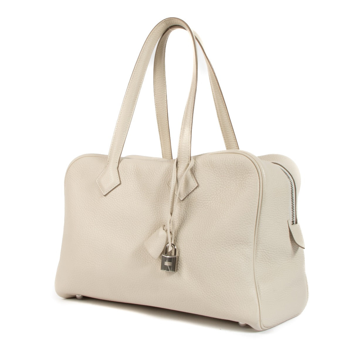 Shop authentic second hand Hermès Victoria 35 Craie Taurillon Clemence Palladium Hardware on Labellov.com