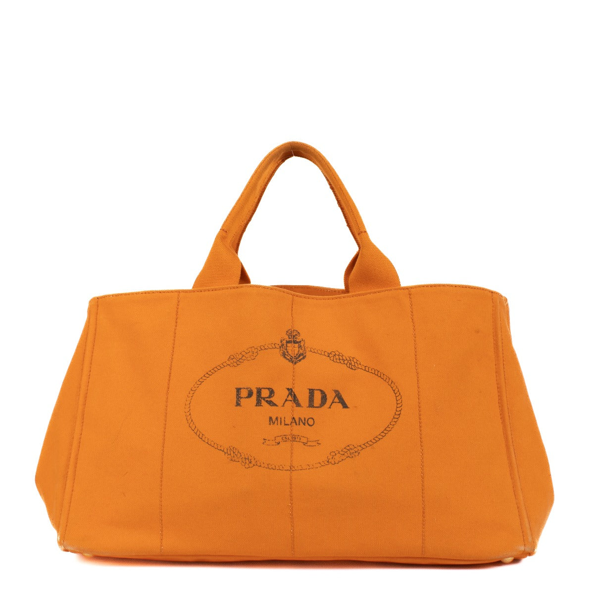 Shop safe online at Labellov in Antwerp, Brussels and Knokke this 100% authentic second hand Prada Orange Canapa Large Top Handle Bag