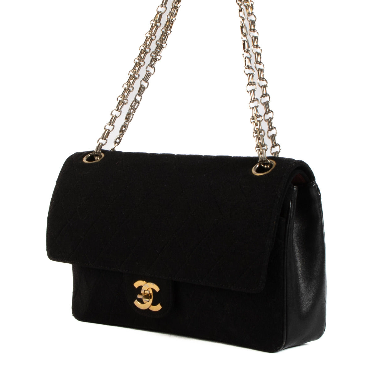 Chanel Vintage Black Fabric / Leather Medium Classic Flap Bag